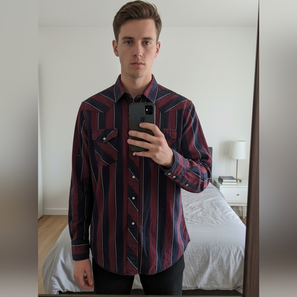 Wrangler striped pearl snap button-up, burgundy and navy, Cotton Western Shirt